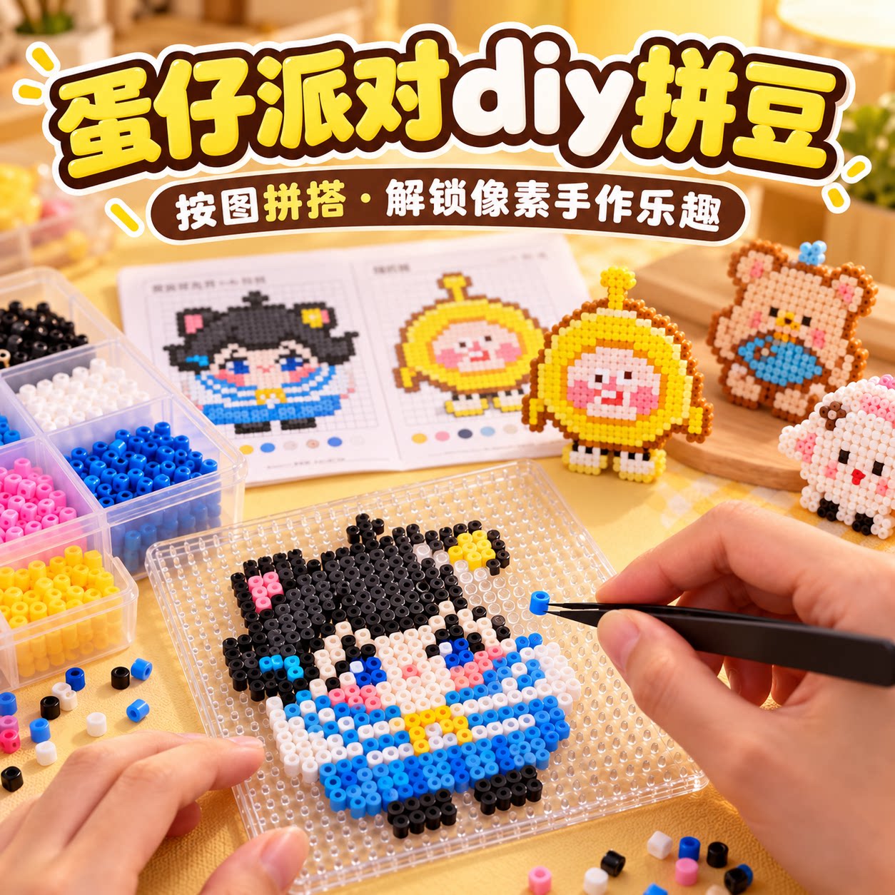 蛋仔派对主题拼豆套装手工diy材料包全套工具拼图儿童益智玩具