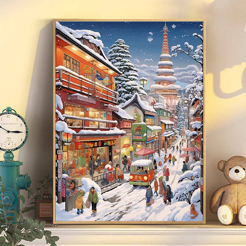 雪后集市数字油画diy油彩画2023新款手工解压画画填色涂鸦丙烯画