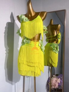 黄色拉丁舞服练功服花服成人女儿童练习服流苏新款比赛2489