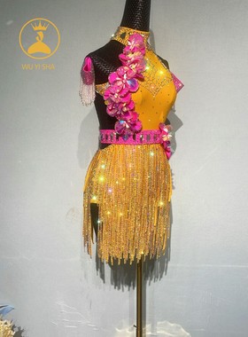 舞忆莎新款黄色镶钻高端比赛裙钻条拉丁舞服专业演出服39