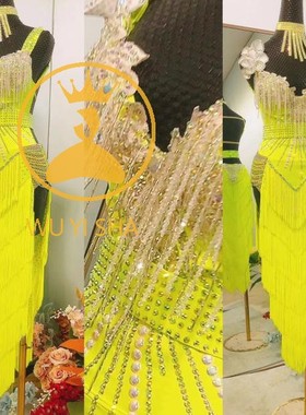 舞忆莎黄色专业拉丁舞演出服比赛服成人女儿童高端舞蹈服装2222