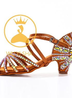 黑色拉丁舞鞋女儿童白色带钻舞蹈跳舞鞋镶钻初学者软底中跟散花