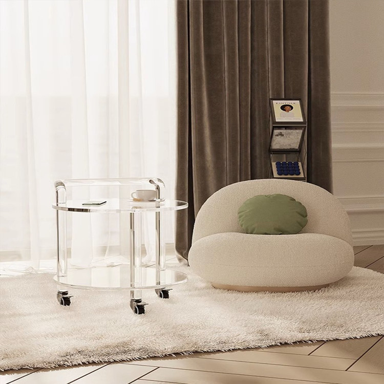 亚克力圆形茶几沙发边几可移动轻奢小推车现代简约透明玻璃小桌子