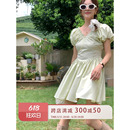 绿色连衣裙长短版 甜美气质抹茶清新显瘦A4腰V领泡泡袖 小小拉1937