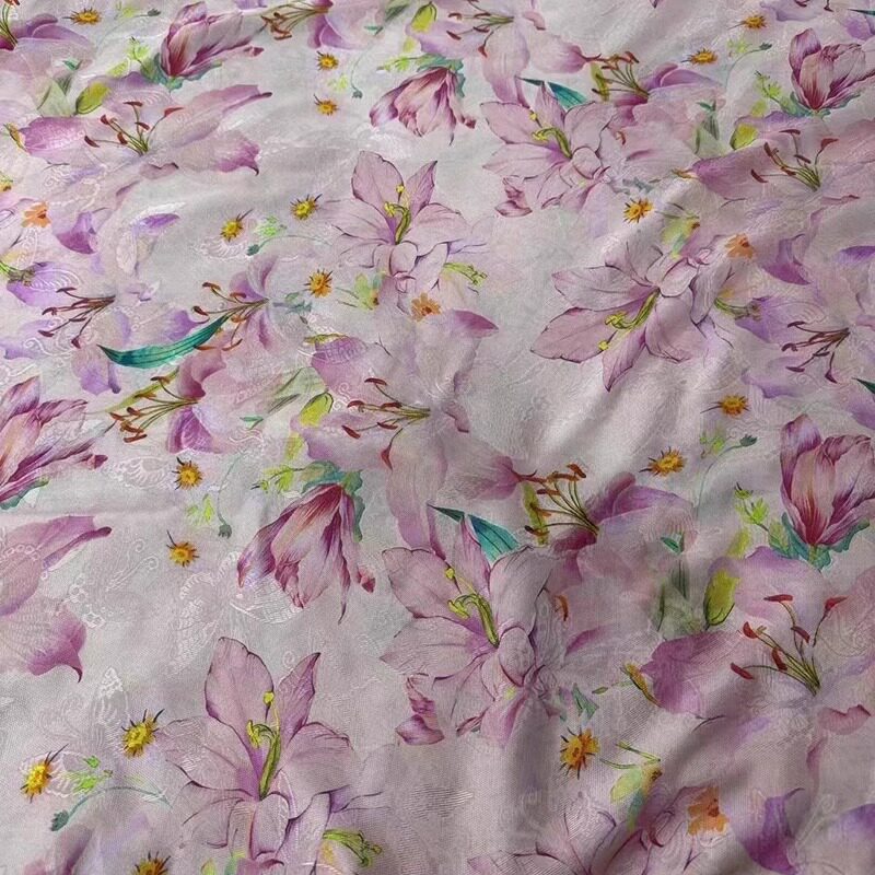 真丝花罗色织四经花罗粉色百合花旗袍汉服料新中式镂孔真丝面料
