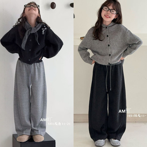 爱木橦2025冬季新款女童韩版百搭休闲裤中大童加绒针织糯米裤7831