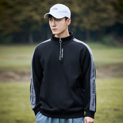 拓路者加绒加厚卫衣男女同款立领半开襟拼接青少年大码长袖套头衫