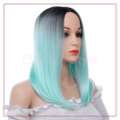 Lady Ombre Cyan Synthetic Straight Bob Wigs Short Wig 假发女