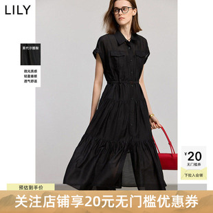 小黑裙LILY2025夏新款莫代尔醋酸混纺工装衬衫领连袖收腰连衣裙女