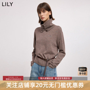 羊毛LILY2025冬新款女装复古含围脖咖啡色加厚套头针织衫毛衣