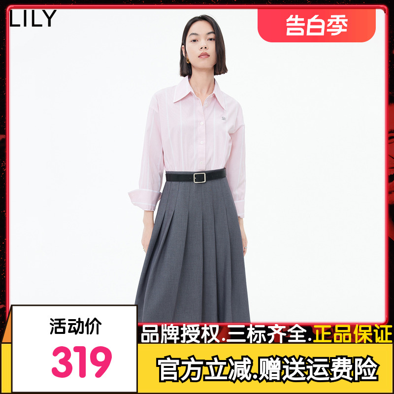 LILY衬衫式假两件休闲简约通勤连衣裙23秋装新款高腰修身气质裙子