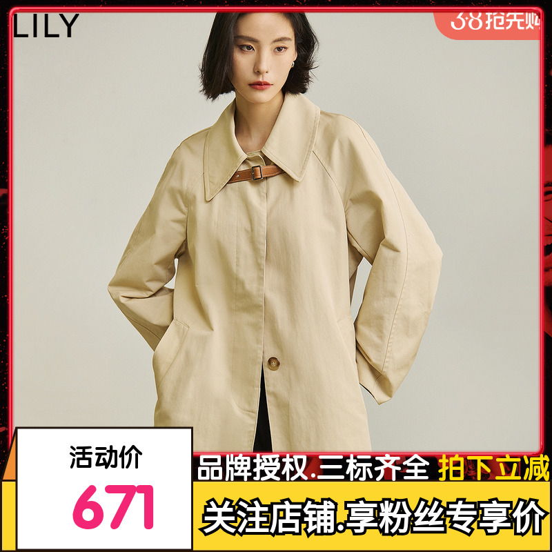 【商场同款】LILY2024春新款女装复古别致皮质袢扣中长款风衣外套