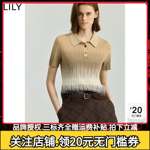 LILY2025秋新款设计感复古渐变撞色休闲POLO领长绒棉短袖针织衫女