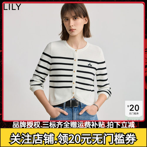 LILY2025春新款撞色条纹圆领正肩休闲通勤百搭毛衣针织开衫外套女