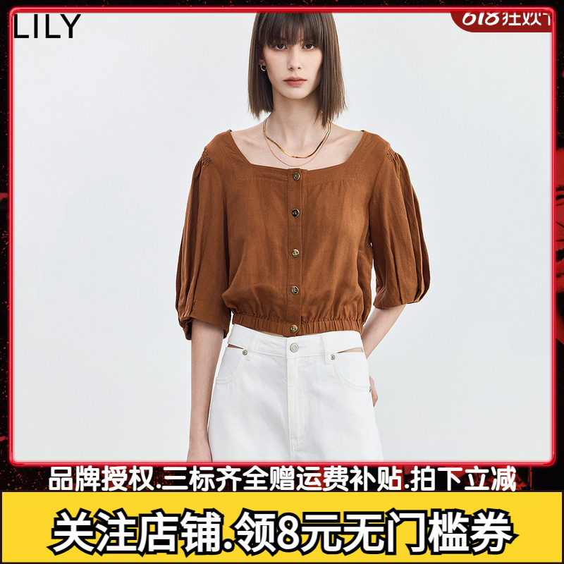 【商场同款】LILY2024夏新款上衣女透气亚麻方领小衫短款衬衫女
