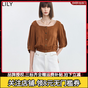 商场同款 上衣女透气亚麻方领小衫 LILY2024夏新款 女 短款 衬衫