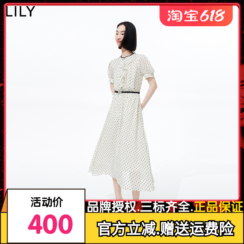 LILY2023夏新款女装复古浪漫波点别致洋气压褶气质垂感高腰连衣裙