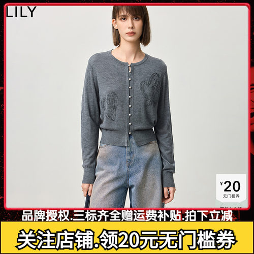 【商场同款】LILY2025春新款女装格雷系圆领合身针织开衫外套短款
