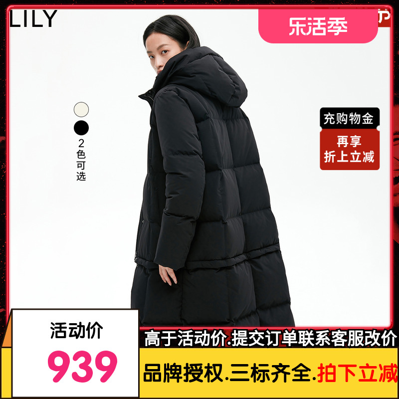 【商场同款】LILY2022冬新款女装时尚保暖连帽纯色长款羽绒服外套