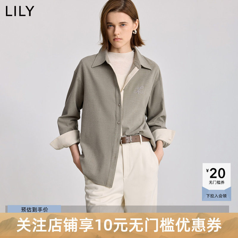 LILY2025冬新款女装双面磨毛法兰绒翻领宽松休闲通勤纯色衬衫外套
