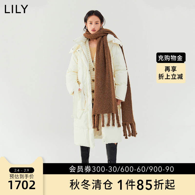 【商场同款】LILY2022冬新款女装保暖鹅绒时尚腰带连帽长款羽绒服-封面