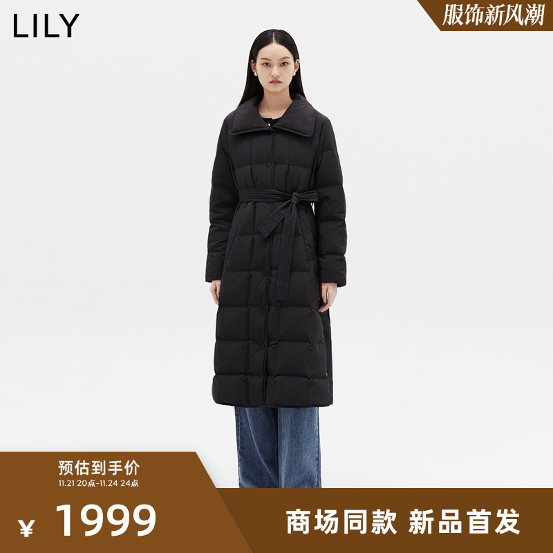 【商场同款】LILY2023冬新款女装保暖鹅绒显瘦腰带长款羽绒服外套