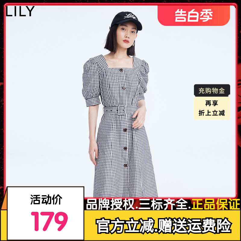 【商场同款】LILY2022秋新款女装复古格纹法式方领高腰短袖连衣裙 女装/女士精品 连衣裙 原图主图