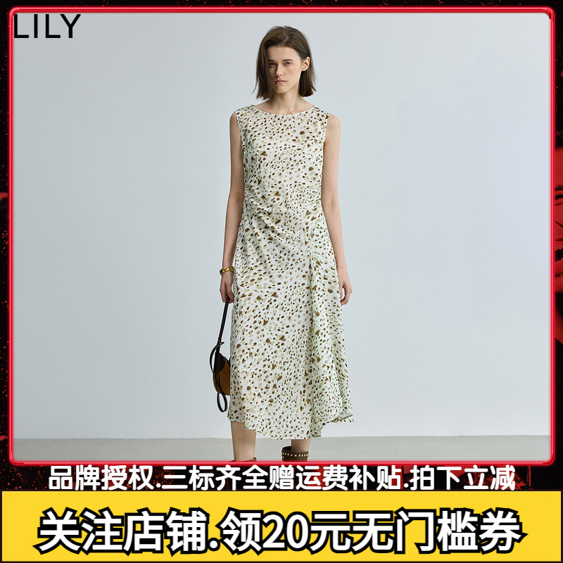 【商场同款】LILY2025秋新款女装度假风撞色收腰圆领无袖连衣裙