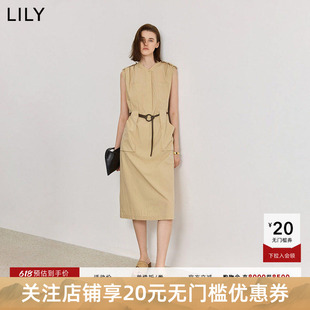 LILY2025夏新款女装复古简约工装风立领小飞袖收腰休闲连衣裙长裙