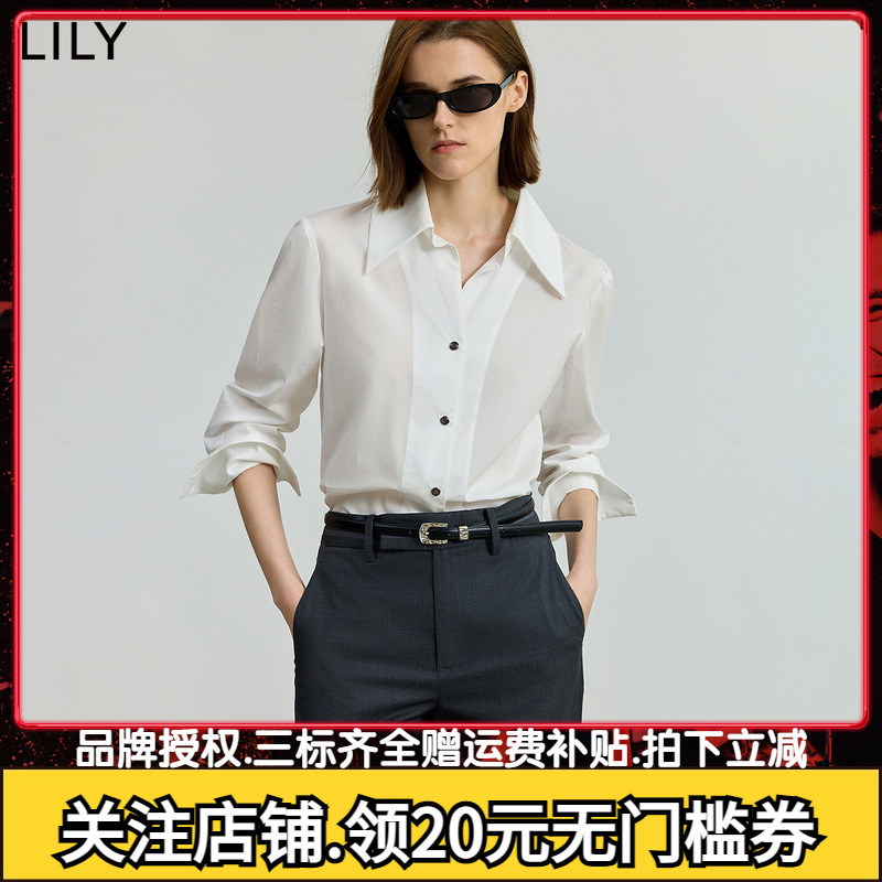 【商场同款】LILY2025秋新款莱赛尔棉翻领收腰通勤白色衬衫外套女