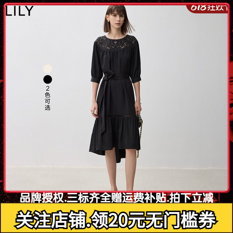LILY2024秋新款女装蕾丝镂空花边垂坠感复古优雅通勤舒适连衣裙秋