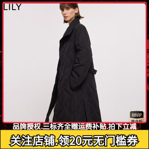 LILY2025冬新款女装复古立领翻领腰带收腰百搭通勤黑色羽绒服外套