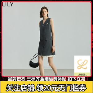 LILY2025秋新款格雷系学院条纹拼接灰色无袖V领马甲背心连衣裙女