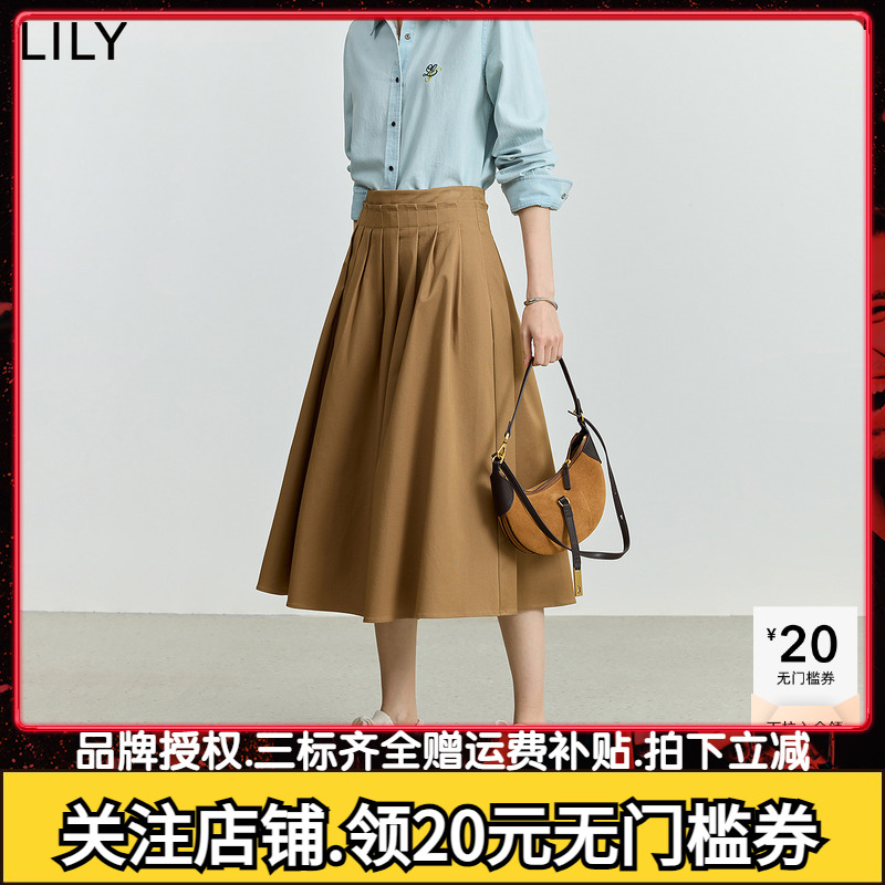 【商场同款】LILY2025秋新款女装复古压褶高腰休闲通勤弹力半身裙