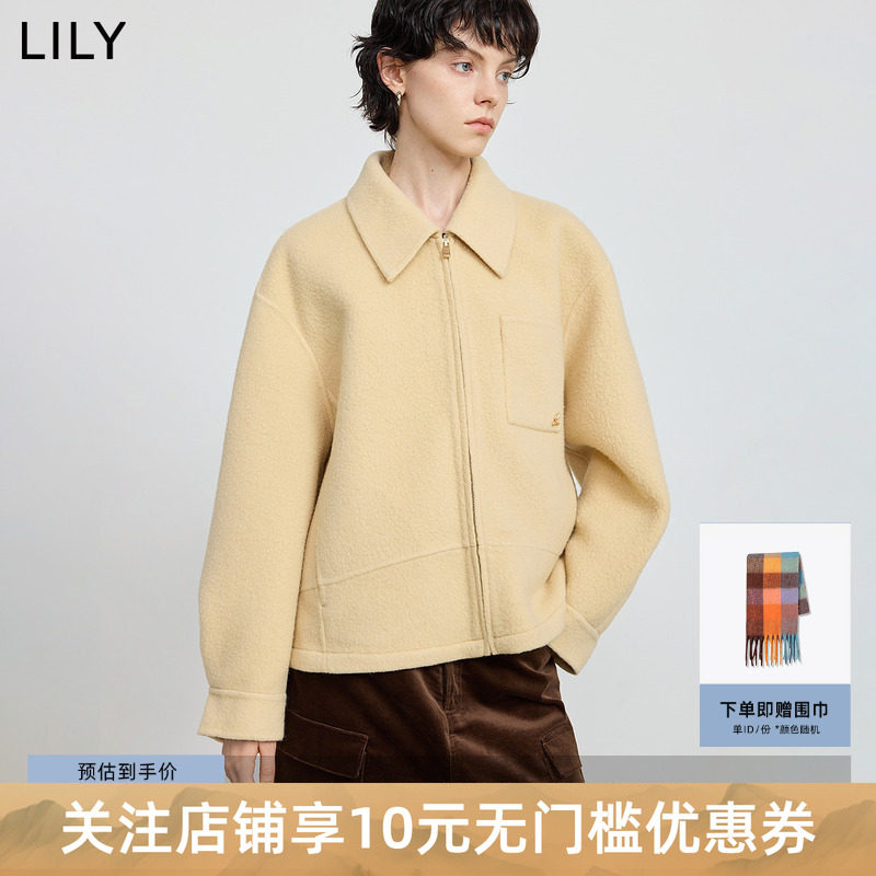 LILY2025冬新款女装羊毛混纺翻领拉链纯色气质通勤毛呢外套短款
