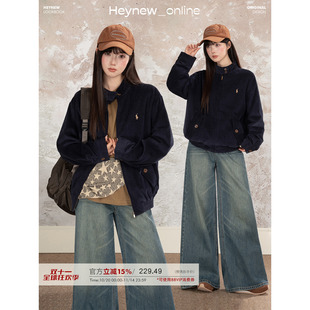 LOVEHEYNEW复古灯芯绒刺绣小马立领外套女秋冬宽松慵懒感夹克上衣