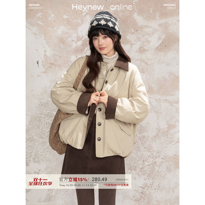 LOVEHEYNEW复古文艺灯芯绒领口拼接棉服外套女冬宽松保暖休闲上衣