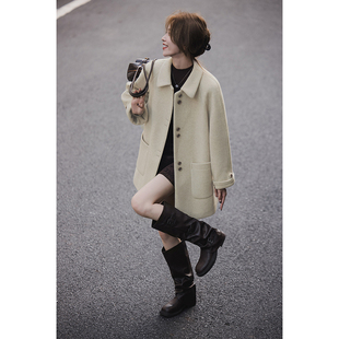 小谷粒邦尼大衣 单面呢中长款外套女秋冬款宽松通勤百搭翻领上衣