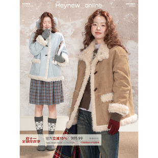 LOVEHEYNEW蓝色超好看减龄皮毛一体两面穿外套女冬季宽松保暖上衣