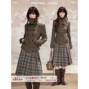 LOVEHEYNEW法式双排扣大翻领柔糯毛呢短外套女冬修身显瘦上衣外套