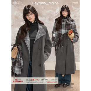 LOVEHEYNEW英伦风拼接格纹牛角扣毛呢风衣外套女冬高级感保暖上衣