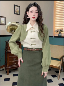 新中式国风盘扣假两件衬衫女秋冬设计感小众衬衣长袖上衣+半身裙