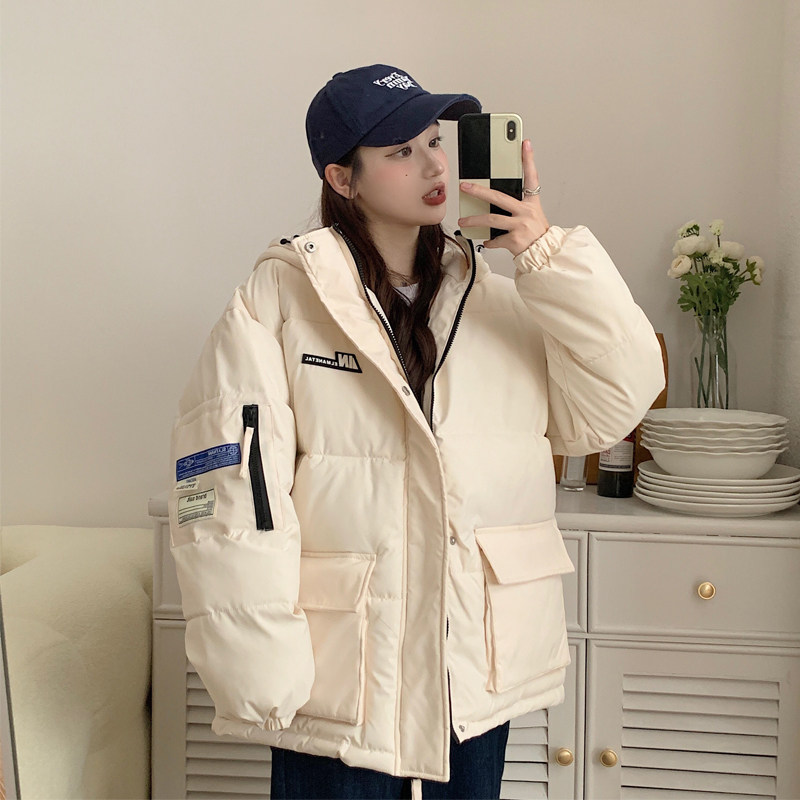 实拍2023新款冬季学院风面包棉服女短款韩版宽松棉袄连帽学生棉衣