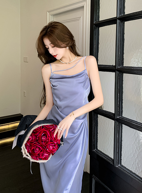 Meliss Lazy修身气质名媛紫色吊带度假裙时尚露背开叉长款连衣裙