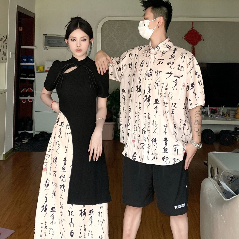 实拍2023夏季情侣装时尚百搭高级感A字裙女套装男短袖翻领衬衫