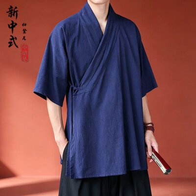 夏季改良日常明制汉服男传统交领道袍右衽短衫短袖半臂衫斜襟上衣