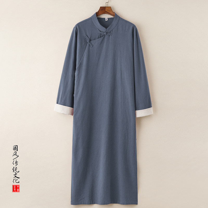 薄款长衫民国男装斜襟中式伴郎服长袍马褂唐装棉麻相声大褂中国风