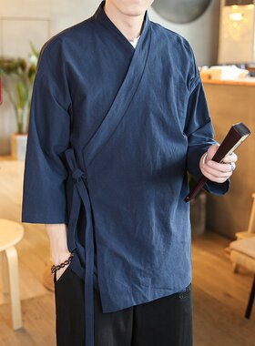 七分袖汉服男古装侧开襟中国风道袍朴素田园居士禅意传统文化外套