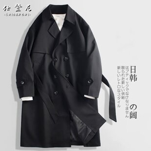 男士翻领设计感日系韩版宽松大衣外套过膝帅气中长款廓形系带风衣