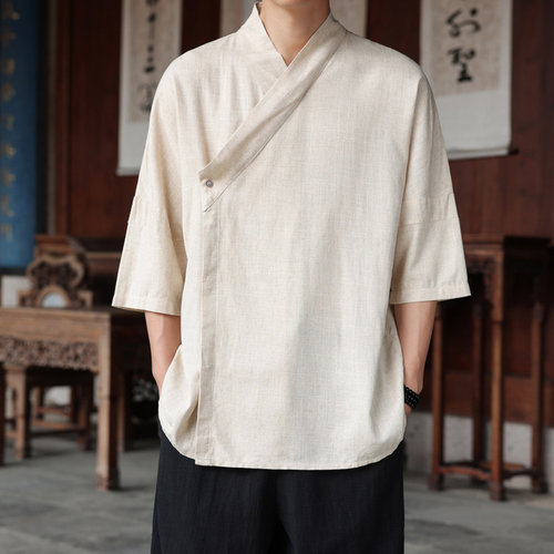 中国风亚麻汉服衬衫男五分袖夏季斜襟交领衬衣短袖茶服禅衣居士